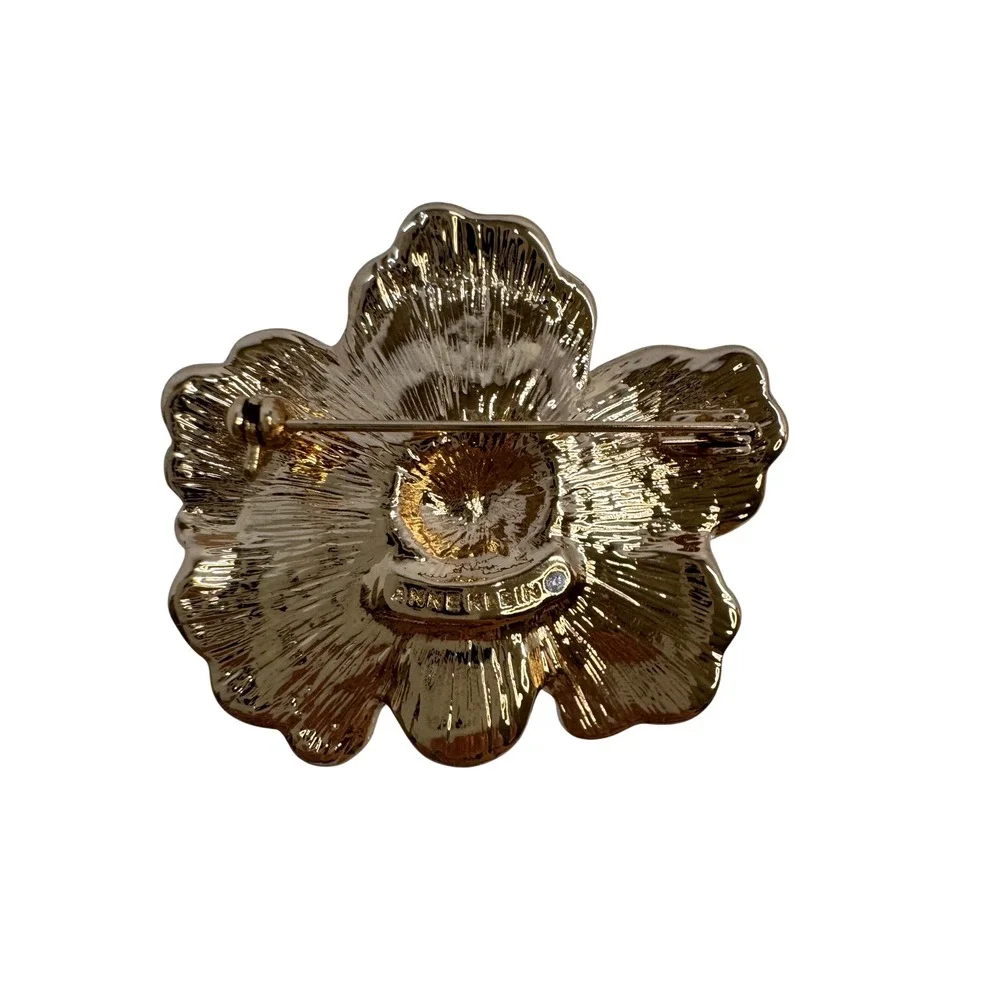 Anne Klein Violet Pave Enameled Pansy Flower Brooch Rhinestone Vintage Gold Tone
